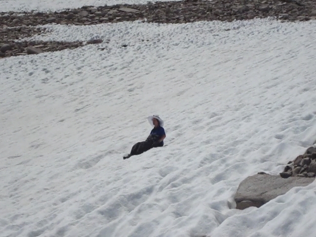 Vicki glissades on the huge snow patch up near the San Gorgonio Summit