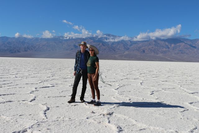 John and Vicki on the Badwater Salt Flats, Death Valley, CA with Telescope Peak
